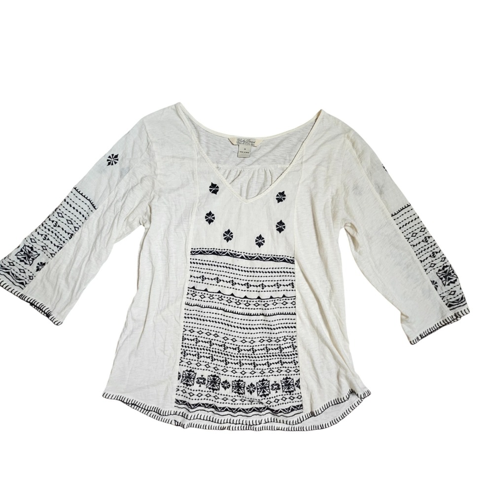 Lucky Brand Boho Embroidered V-Neck Peasant Tunic Top M Coastal Aztec Southwest - Picture 4 of 7